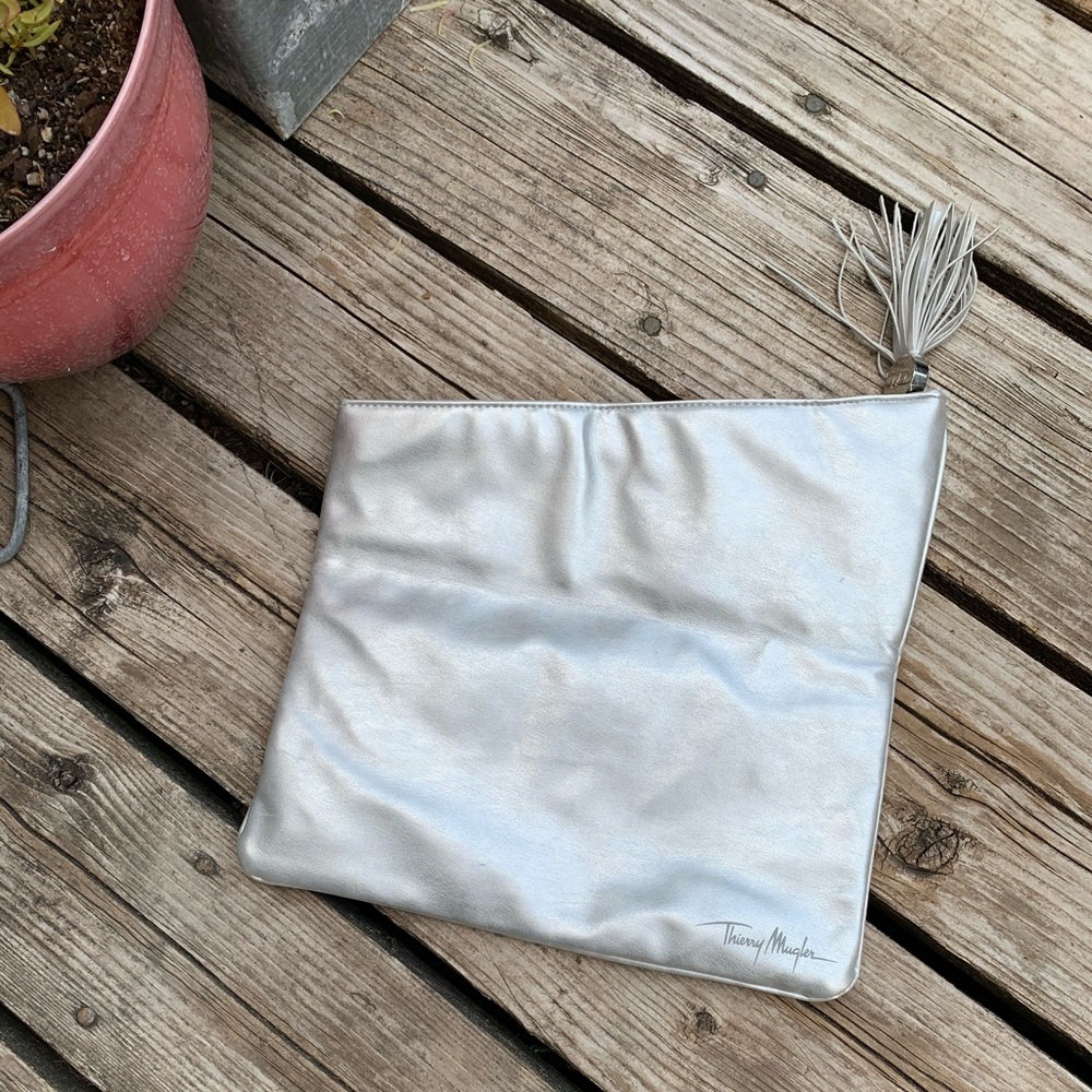 Thierry Mugler Silver Foldover Clutch w/Tassel